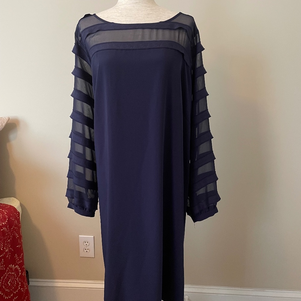 Loft Navy Blue Sheer Sleeve Dress